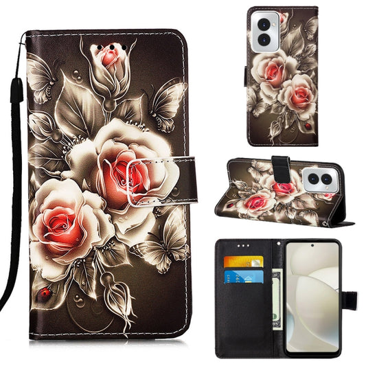 For Motorola Moto G Power 5G 2024 Colored Drawing Pattern Plain Weave Leather Phone Case(Roses On Black) - Motorola Cases by buy2fix | Online Shopping UK | buy2fix