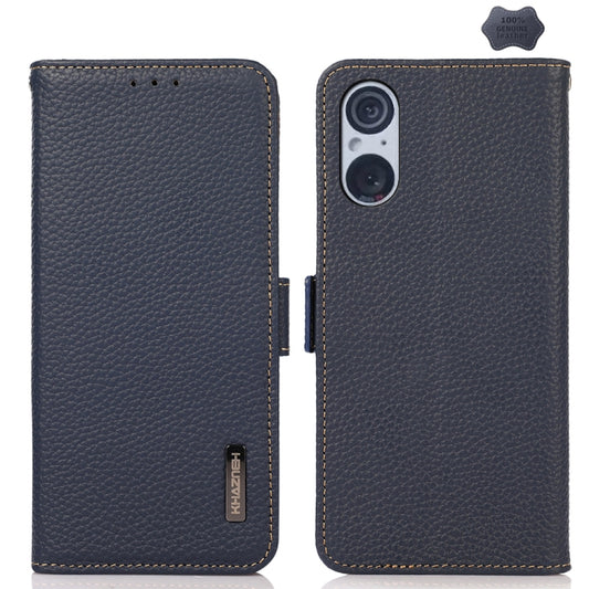 For Sony Xperia 5 V KHAZNEH Side-Magnetic Litchi Genuine Leather RFID Case(Blue) - Sony Cases by buy2fix | Online Shopping UK | buy2fix