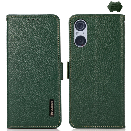 For Sony Xperia 5 V KHAZNEH Side-Magnetic Litchi Genuine Leather RFID Case(Green) - Sony Cases by buy2fix | Online Shopping UK | buy2fix