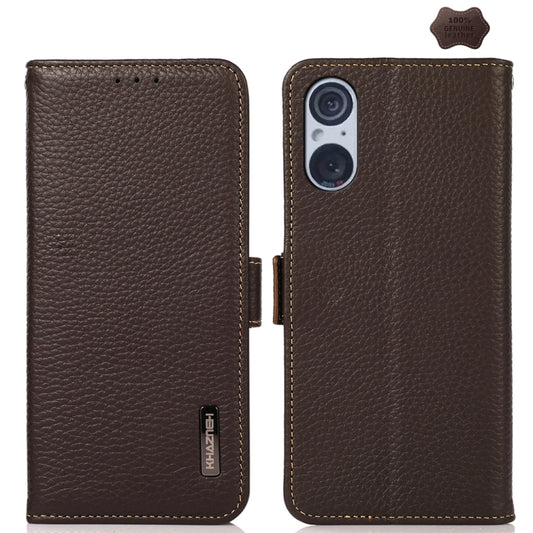 For Sony Xperia 5 V KHAZNEH Side-Magnetic Litchi Genuine Leather RFID Case(Brown) - Sony Cases by buy2fix | Online Shopping UK | buy2fix