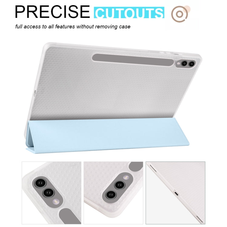 For Samsung Galaxy Tab S9+ 3-folding Transparent TPU Smart Leather Tablet Case with Pen Slot(Ice Blue) - Galaxy Tab S9+ Cases by buy2fix | Online Shopping UK | buy2fix