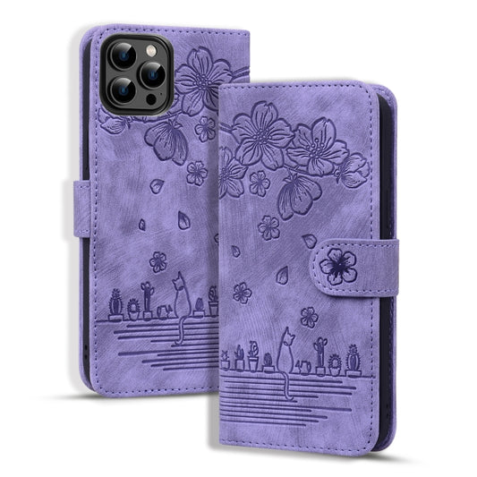 For iPhone 16 Pro Max Cartoon Sakura Cat Embossed Leather Phone Case(Purple) - iPhone 16 Pro Max Cases by buy2fix | Online Shopping UK | buy2fix