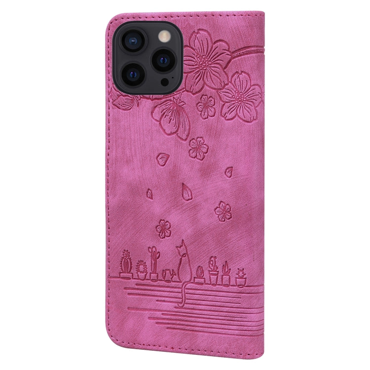 For iPhone 16 Pro Cartoon Sakura Cat Embossed Leather Phone Case(Rose Red) - iPhone 16 Pro Cases by buy2fix | Online Shopping UK | buy2fix