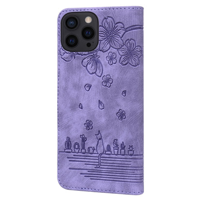 For iPhone 16 Pro Cartoon Sakura Cat Embossed Leather Phone Case(Purple) - iPhone 16 Pro Cases by buy2fix | Online Shopping UK | buy2fix