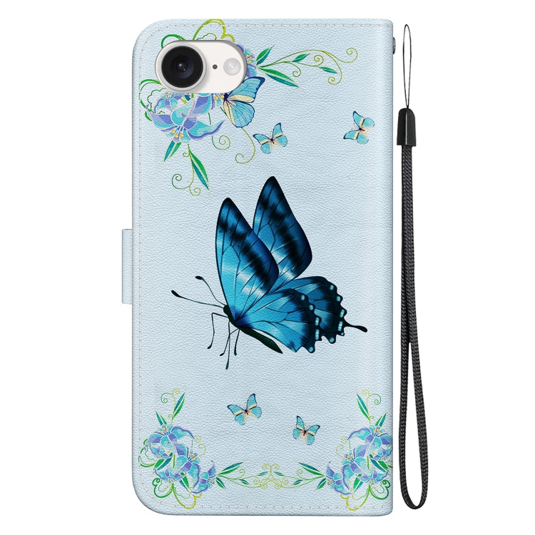 For iPhone 16e Crystal Texture Colored Drawing Leather Phone Case(Blue Pansies) - iPhone 16e Cases by buy2fix | Online Shopping UK | buy2fix