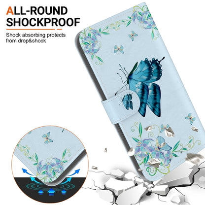 For iPhone 16e Crystal Texture Colored Drawing Leather Phone Case(Blue Pansies) - iPhone 16e Cases by buy2fix | Online Shopping UK | buy2fix