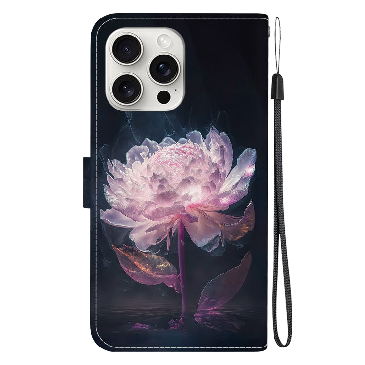 For iPhone 16 Pro Crystal Texture Colored Drawing Leather Phone Case(Purple Peony) - iPhone 16 Pro Cases by buy2fix | Online Shopping UK | buy2fix