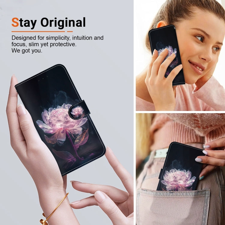 For iPhone 16 Pro Crystal Texture Colored Drawing Leather Phone Case(Purple Peony) - iPhone 16 Pro Cases by buy2fix | Online Shopping UK | buy2fix