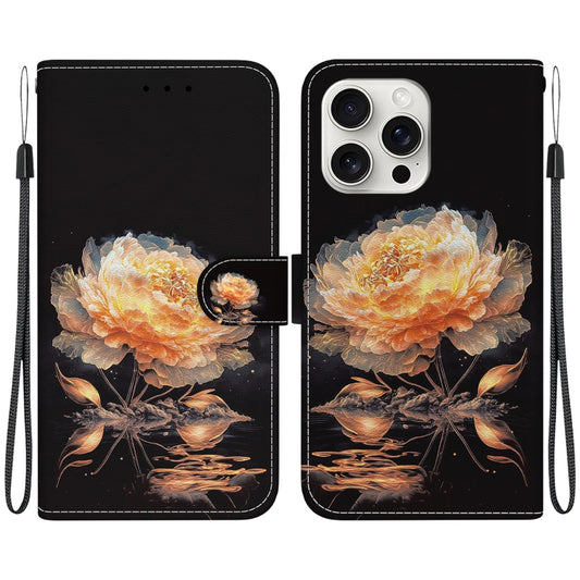 For iPhone 16 Pro Crystal Texture Colored Drawing Leather Phone Case(Gold Peony) - iPhone 16 Pro Cases by buy2fix | Online Shopping UK | buy2fix