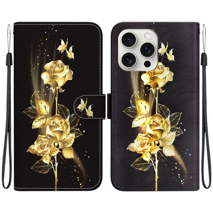 For iPhone 16 Pro Crystal Texture Colored Drawing Leather Phone Case(Gold Butterfly Rose) - iPhone 16 Pro Cases by buy2fix | Online Shopping UK | buy2fix