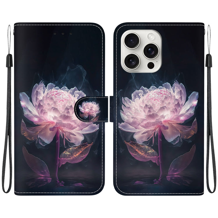 For iPhone 16 Pro Max Crystal Texture Colored Drawing Leather Phone Case(Purple Peony) - iPhone 16 Pro Max Cases by buy2fix | Online Shopping UK | buy2fix