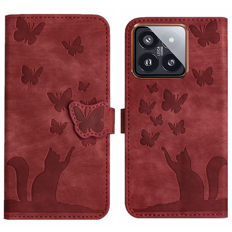 For Xiaomi 14 Butterfly Cat Embossing Flip Leather Phone Case(Red) - 14 Cases by buy2fix | Online Shopping UK | buy2fix