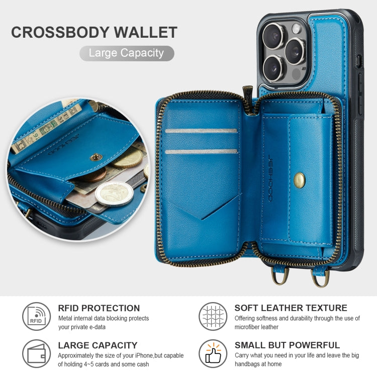 For iPhone 15 Pro Max JEEHOOD C22 Series Zipper Wallet Leather Phone Case with Dual Lanyard(Blue) - iPhone 15 Pro Max Cases by JEEHOOD | Online Shopping UK | buy2fix