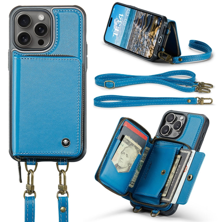 For iPhone 16 Pro Max JEEHOOD C22 Series Zipper Wallet Leather Phone Case with Dual Lanyard(Blue) - iPhone 16 Pro Max Cases by JEEHOOD | Online Shopping UK | buy2fix