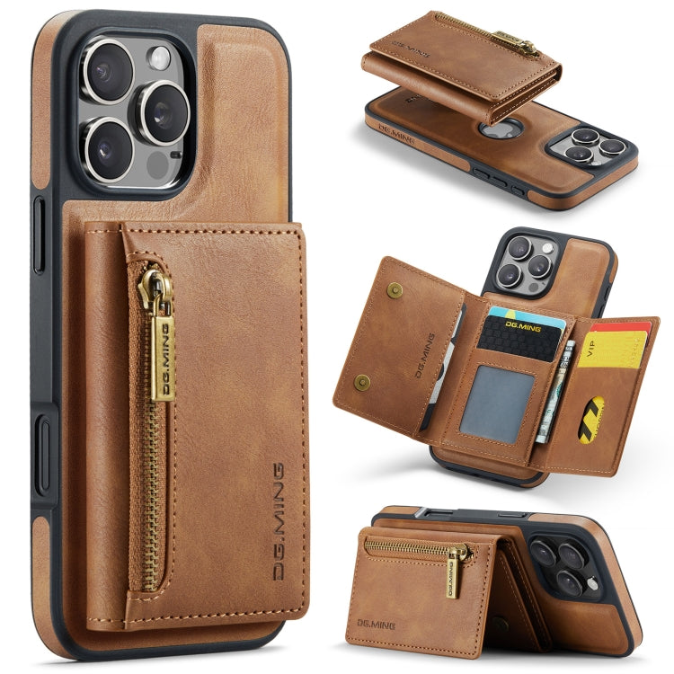 For iPhone 16 Pro DG.MING M5 Series Zip RFID Multi Card Detachable Leather Phone Case(Brown) - iPhone 16 Pro Cases by DG.MING | Online Shopping UK | buy2fix