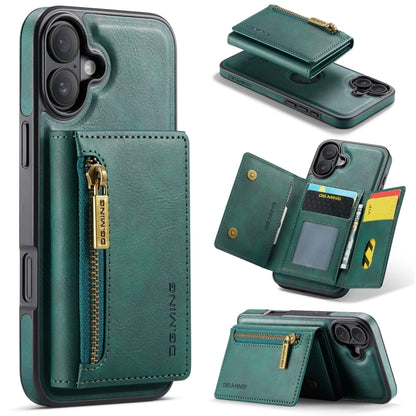 For iPhone 16 DG.MING M5 Series Zip RFID Multi Card Detachable Leather Phone Case(Green) - iPhone 16 Cases by DG.MING | Online Shopping UK | buy2fix