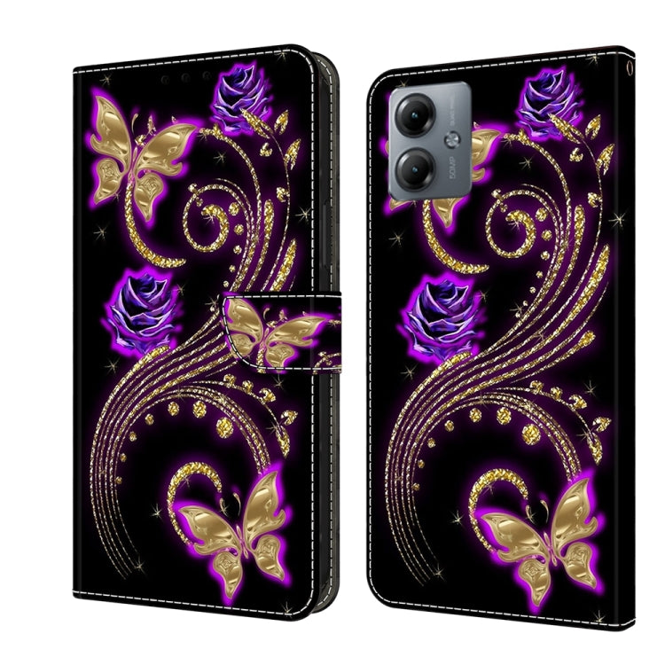 For Motorola Moto G14 Crystal 3D Shockproof Protective Leather Phone Case(Purple Flower Butterfly) - Motorola Cases by buy2fix | Online Shopping UK | buy2fix