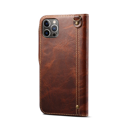 For iPhone 15 Pro Max Denior Oil Wax Cowhide Magnetic Button Genuine Leather Case(Brown) - iPhone 15 Pro Max Cases by Denior | Online Shopping UK | buy2fix