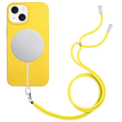 For iPhone 15 Wheat MagSafe Magnetic Straw Material + TPU Phone Case with Lanyard(Yellow) - iPhone 15 Cases by buy2fix | Online Shopping UK | buy2fix