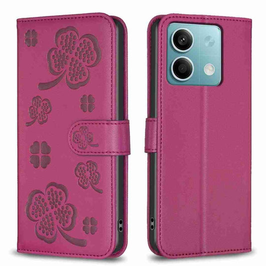 For Xiaomi Redmi Note 13 Four-leaf Embossed Leather Phone Case(Rose Red) - Note 13 Cases by buy2fix | Online Shopping UK | buy2fix