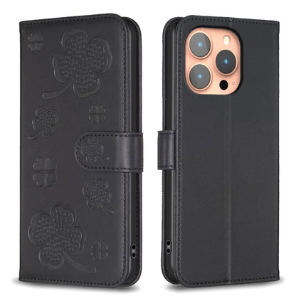 For iPhone 16 Pro Four-leaf Embossed Leather Phone Case(Black) - iPhone 16 Pro Cases by buy2fix | Online Shopping UK | buy2fix