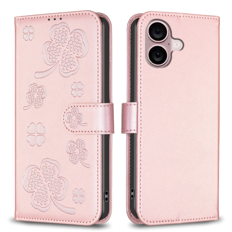 For iPhone 16 Plus Four-leaf Embossed Leather Phone Case(Pink) - iPhone 16 Plus Cases by buy2fix | Online Shopping UK | buy2fix