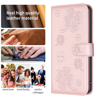 For iPhone 16 Plus Four-leaf Embossed Leather Phone Case(Pink) - iPhone 16 Plus Cases by buy2fix | Online Shopping UK | buy2fix