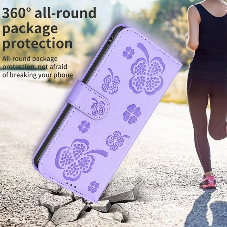 For iPhone 16 Four-leaf Embossed Leather Phone Case(Purple) - iPhone 16 Cases by buy2fix | Online Shopping UK | buy2fix