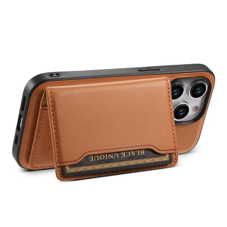 For iPhone 14 Denior Cowhide Texture Leather MagSafe Detachable Wallet Phone Case(Khaki) - iPhone 14 Cases by Denior | Online Shopping UK | buy2fix