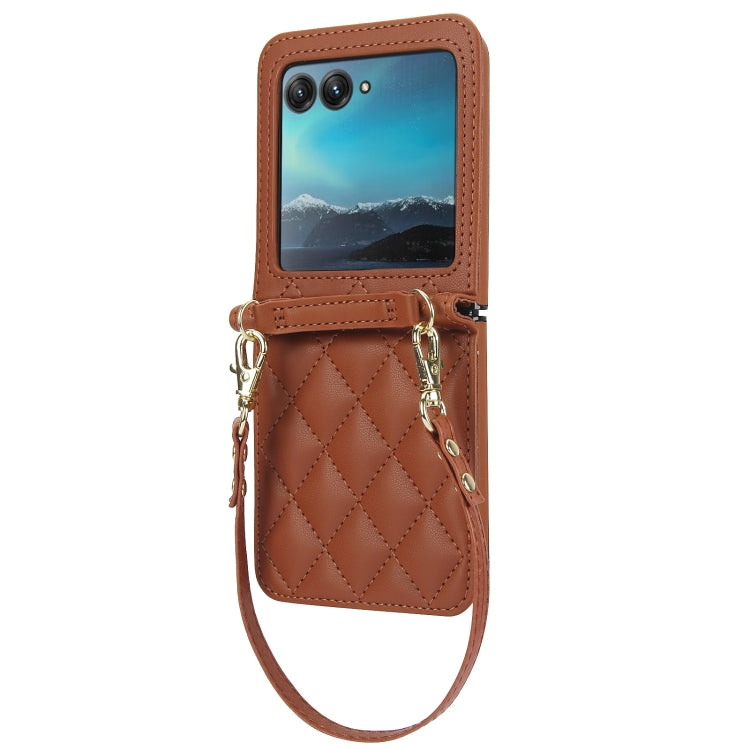 For Motorola Razr 40 Ultra Rhombic Texture Phone Case with Long & Short Lanyard(Brown) - Motorola Cases by buy2fix | Online Shopping UK | buy2fix