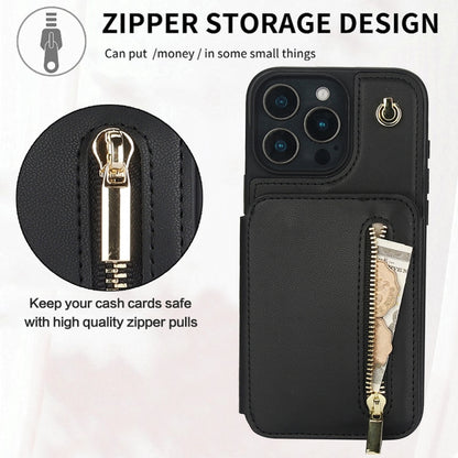 For iPhone 16 Pro Max YM006 Skin Feel Zipper Card Bag Phone Case with Dual Lanyard(Black) - iPhone 16 Pro Max Cases by buy2fix | Online Shopping UK | buy2fix