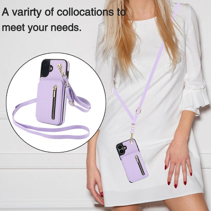 For iPhone 16 Plus YM006 Skin Feel Zipper Card Bag Phone Case with Dual Lanyard(Light Purple) - iPhone 16 Plus Cases by buy2fix | Online Shopping UK | buy2fix