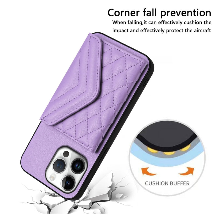 For iPhone 16 Pro Max Rhombic Texture Card Bag RFID Phone Case with Long Lanyard(Light Purple) - iPhone 16 Pro Max Cases by buy2fix | Online Shopping UK | buy2fix