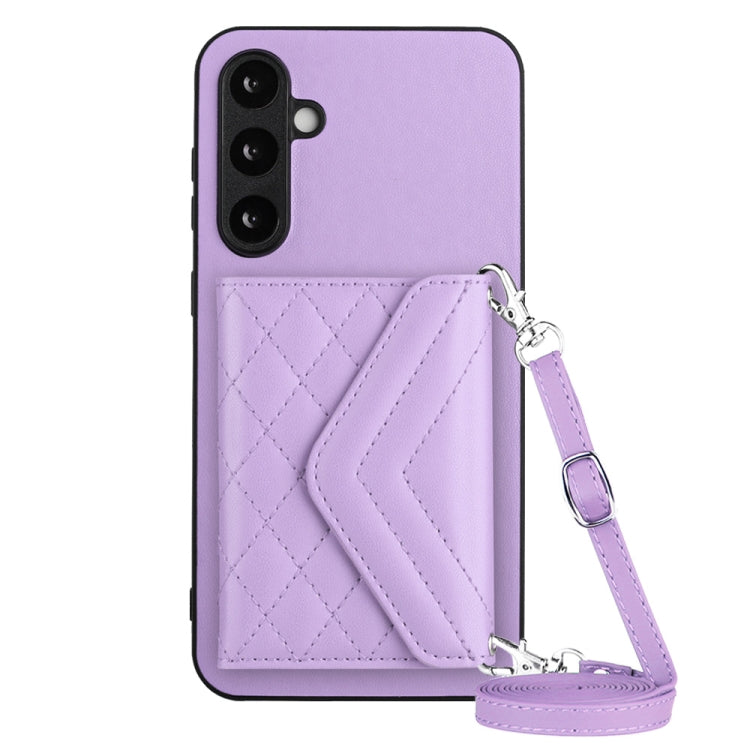 For Samsung Galaxy S23 FE 5G Rhombic Texture Card Bag RFID Phone Case with Long Lanyard(Light Purple) - Galaxy S23 FE 5G Cases by buy2fix | Online Shopping UK | buy2fix