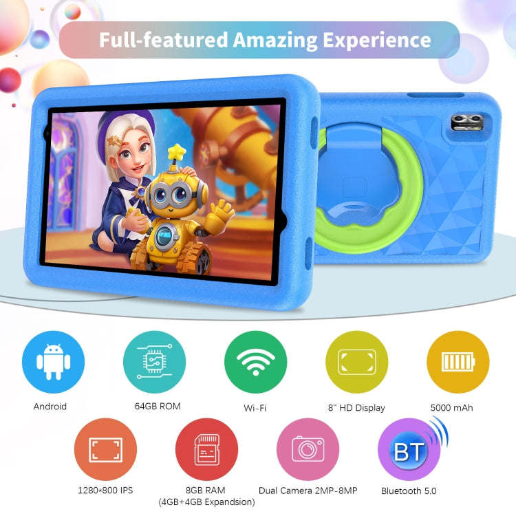 Pritom B8K 4G LTE Kid Tablet 8 inch,  4GB+64GB, Android 12 Unisoc T310 Quad Core CPU Support Parental Control Google Play(Blue) -  by PRITOM | Online Shopping UK | buy2fix