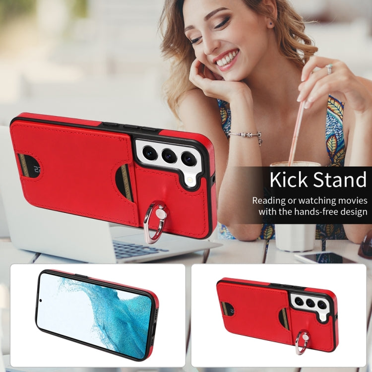 For Samsung Galaxy S22 5G Calf Texture Card Slot Ring Holder Phone Case(Red) - Galaxy S22 5G Cases by buy2fix | Online Shopping UK | buy2fix