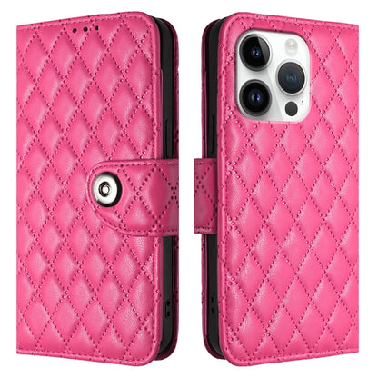 For iPhone 16 Pro Rhombic Texture Flip Leather Phone Case with Lanyard(Rose Red) - iPhone 16 Pro Cases by buy2fix | Online Shopping UK | buy2fix