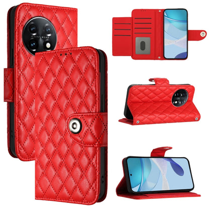 For OnePlus 11 Rhombic Texture Flip Leather Phone Case with Lanyard(Red) - OnePlus Cases by buy2fix | Online Shopping UK | buy2fix