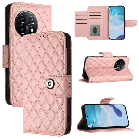 For OnePlus 11 Rhombic Texture Flip Leather Phone Case with Lanyard(Coral Pink) - OnePlus Cases by buy2fix | Online Shopping UK | buy2fix