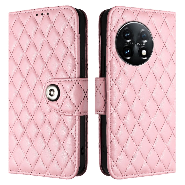 For OnePlus 11 Rhombic Texture Flip Leather Phone Case with Lanyard(Pink) - OnePlus Cases by buy2fix | Online Shopping UK | buy2fix