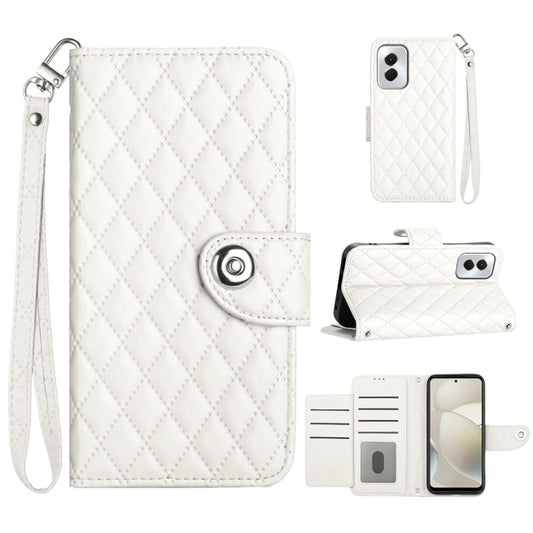 For Motorola Moto G Power 5G 2024 Rhombic Texture Flip Leather Phone Case with Lanyard(White) - Motorola Cases by buy2fix | Online Shopping UK | buy2fix