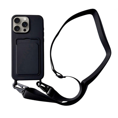 For iPhone 16 Pro Card Slot Liquid Silicone Phone Case with Lanyard(Black) - iPhone 16 Pro Cases by buy2fix | Online Shopping UK | buy2fix