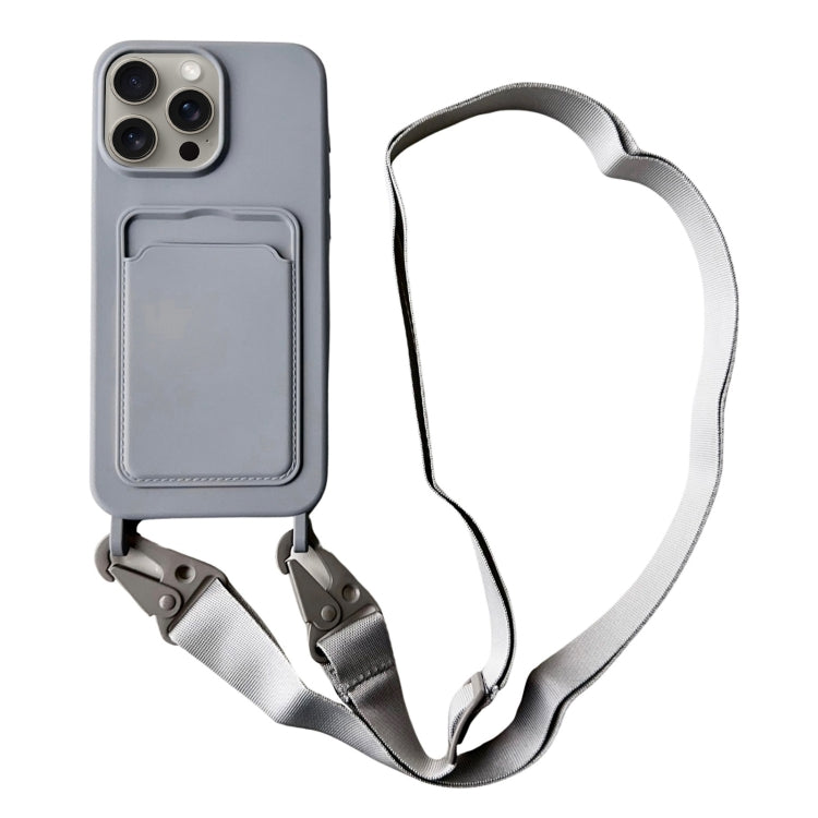 For iPhone 16 Pro Card Slot Liquid Silicone Phone Case with Lanyard(Grey) - iPhone 16 Pro Cases by buy2fix | Online Shopping UK | buy2fix