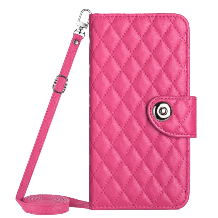 For Motorola Moto G Power 5G 2024 Rhombic Texture Flip Leather Phone Case with Long Lanyard(Rose Red) - Motorola Cases by buy2fix | Online Shopping UK | buy2fix