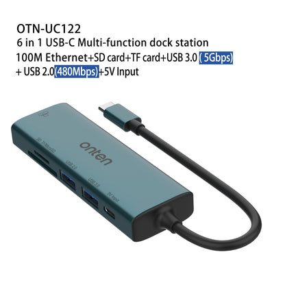 Onten UC122 6 in 1 USB-C / Type-C to SD + TF Card + USB 3.0 HUB with 5V Input & 100Mbps Network Card - USB HUB by Onten | Online Shopping UK | buy2fix