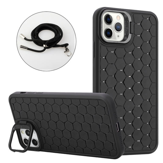 For iPhone 15 Pro Max Honeycomb Radiating Lens Holder Magsafe Phone Case with Lanyard(Black) - iPhone 15 Pro Max Cases by buy2fix | Online Shopping UK | buy2fix