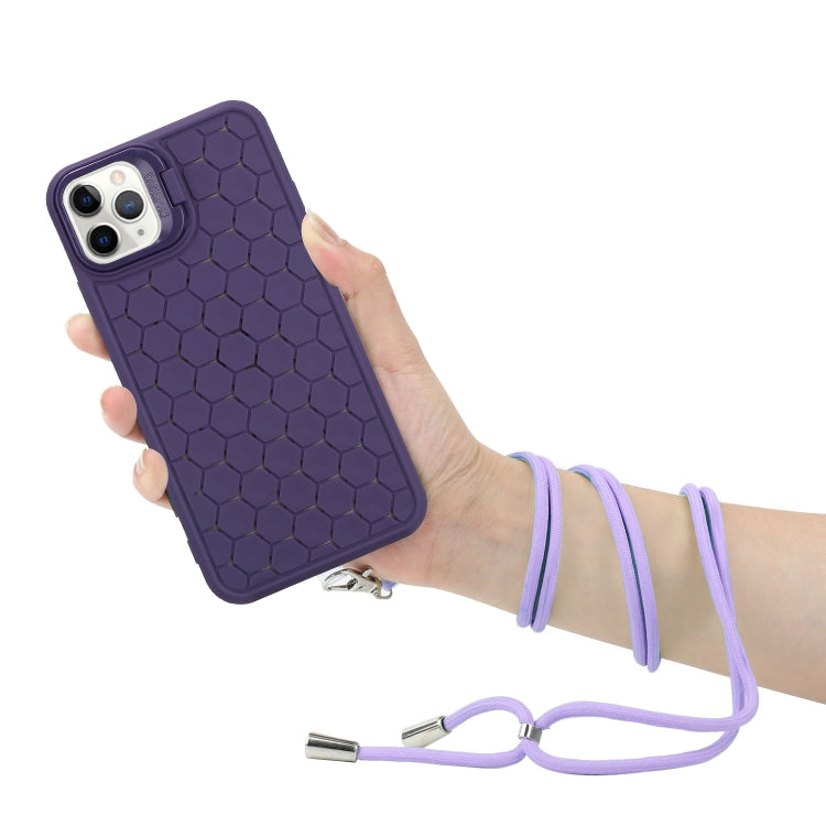 For iPhone 14 Pro Max Honeycomb Radiating Lens Holder Magsafe Phone Case with Lanyard(Purple) - iPhone 14 Pro Max Cases by buy2fix | Online Shopping UK | buy2fix