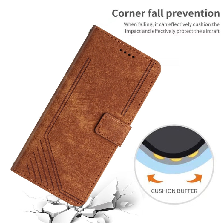 For OnePlus 13 Skin Feel Stripe Pattern Leather Phone Case with Lanyard(Brown) - OnePlus Cases by buy2fix | Online Shopping UK | buy2fix