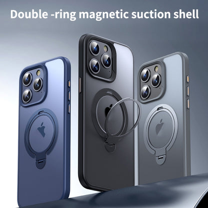 For iPhone 15 Double Ring MagSafe Magnetic Holder Phone Case(Matte Blue) - iPhone 15 Cases by buy2fix | Online Shopping UK | buy2fix