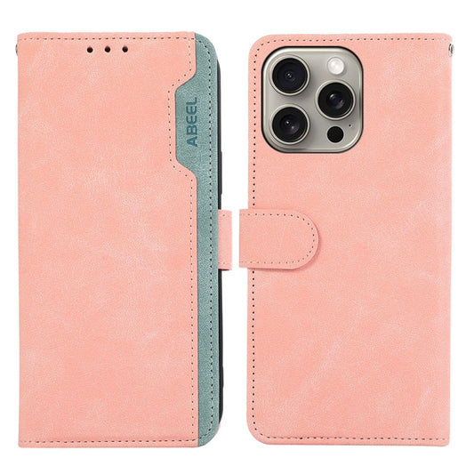 For iPhone 16 Pro Max ABEEL Color Block Magnetic RFID Leather Phone Case(Pink-Cyan) - iPhone 16 Pro Max Cases by buy2fix | Online Shopping UK | buy2fix